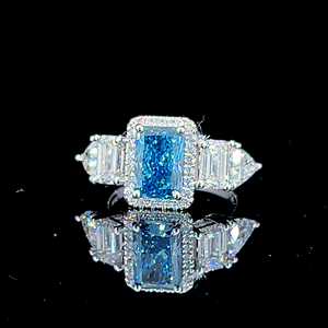 Lab Diamond Engagement Ring with Side Diamonds, Blue Diamond Radiant Shape, 14K White Gold
