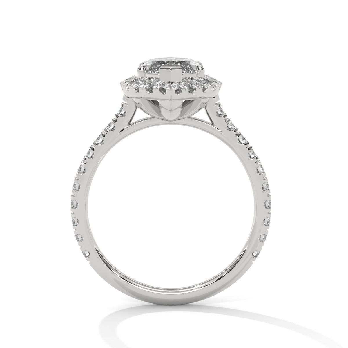 Diamond ring with a marquise-shaped center stone on a white background 