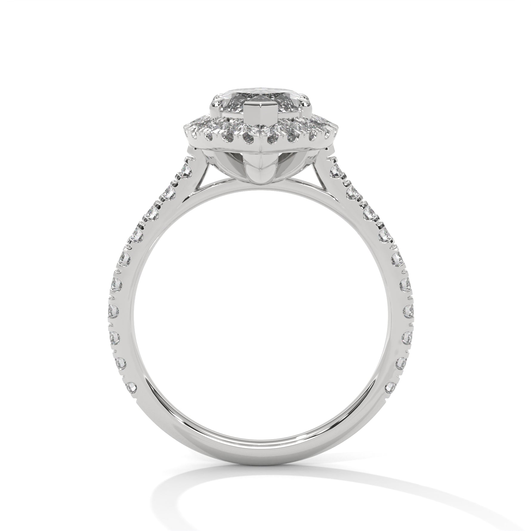Diamond ring with a marquise-shaped center stone on a white background 
