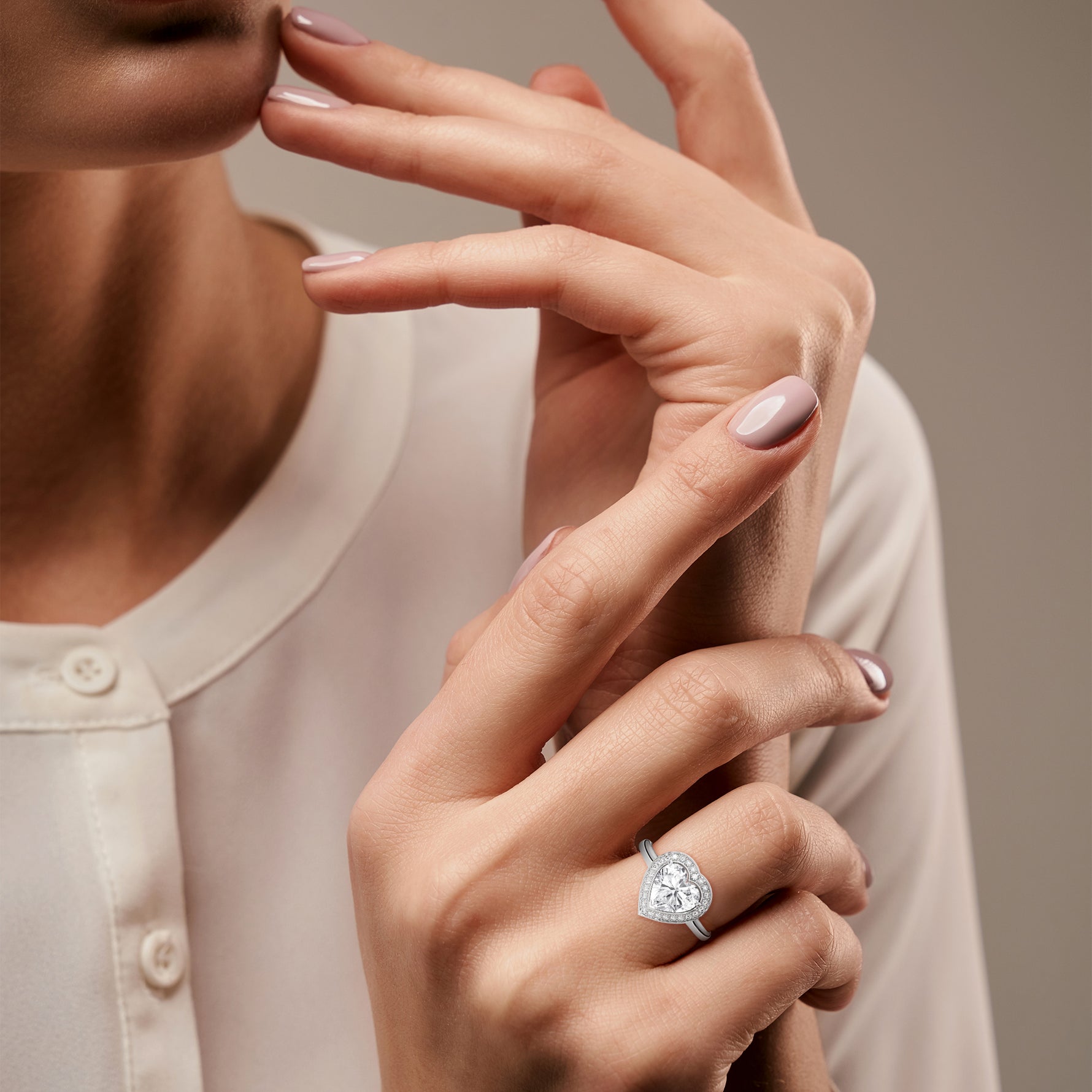 Diamond ring with a white gold band on a white background 