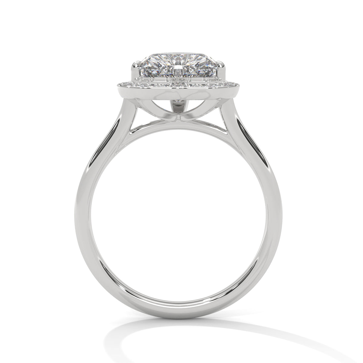 Diamond ring with a white gold band on a white background 