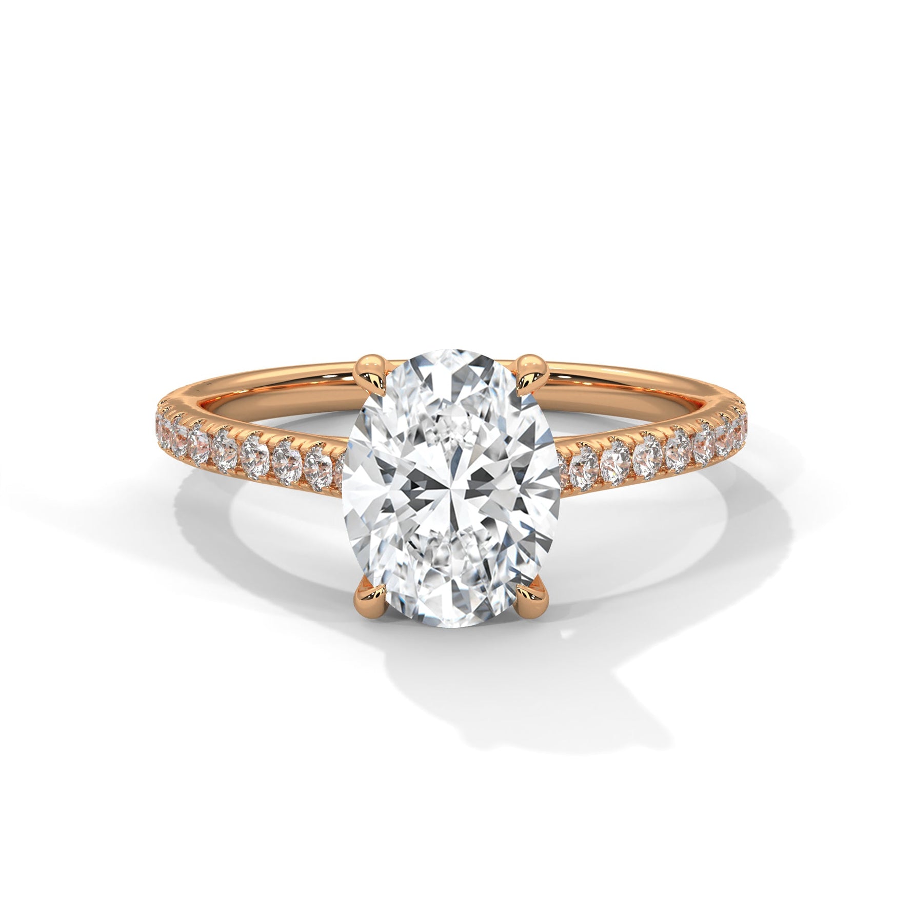 Rose gold ring with a large diamond on a white background #rose-gold