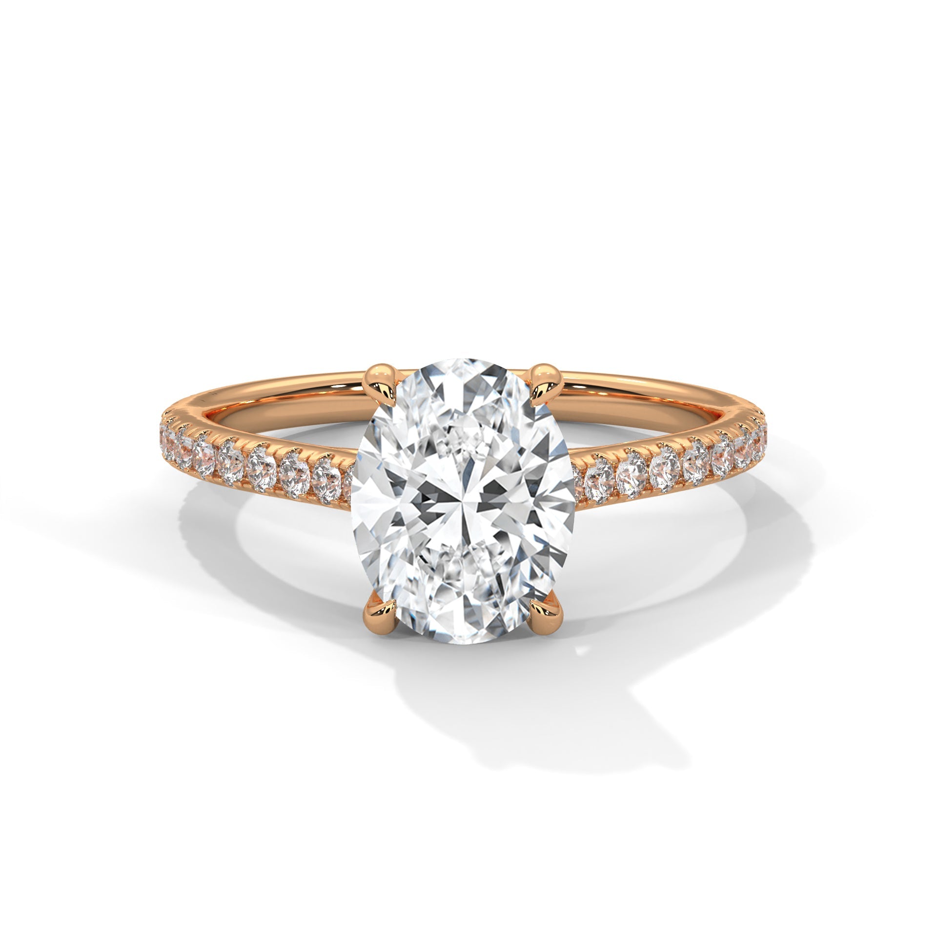 Rose gold ring with a large diamond on a white background #rose-gold