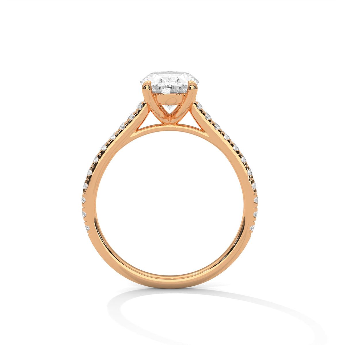 Rose gold ring with a large diamond on a white background 