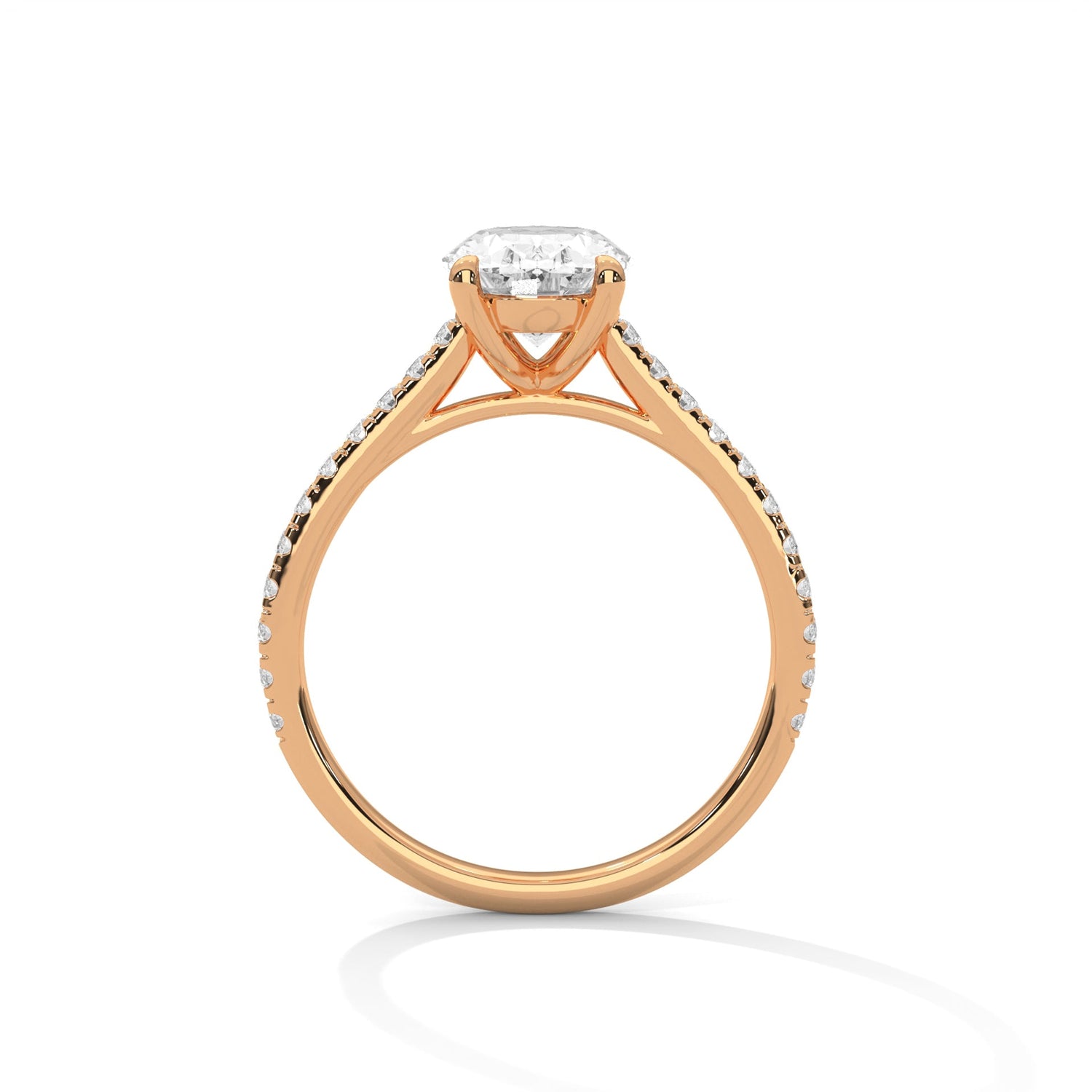 Rose gold ring with a large diamond on a white background 