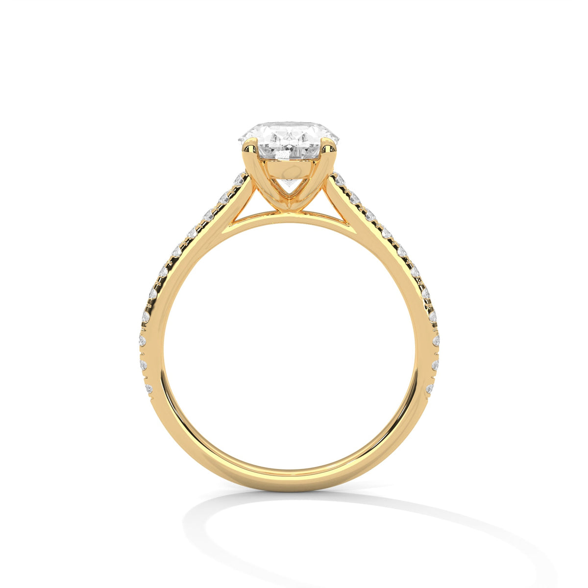 Gold ring with a large diamond on a white background 