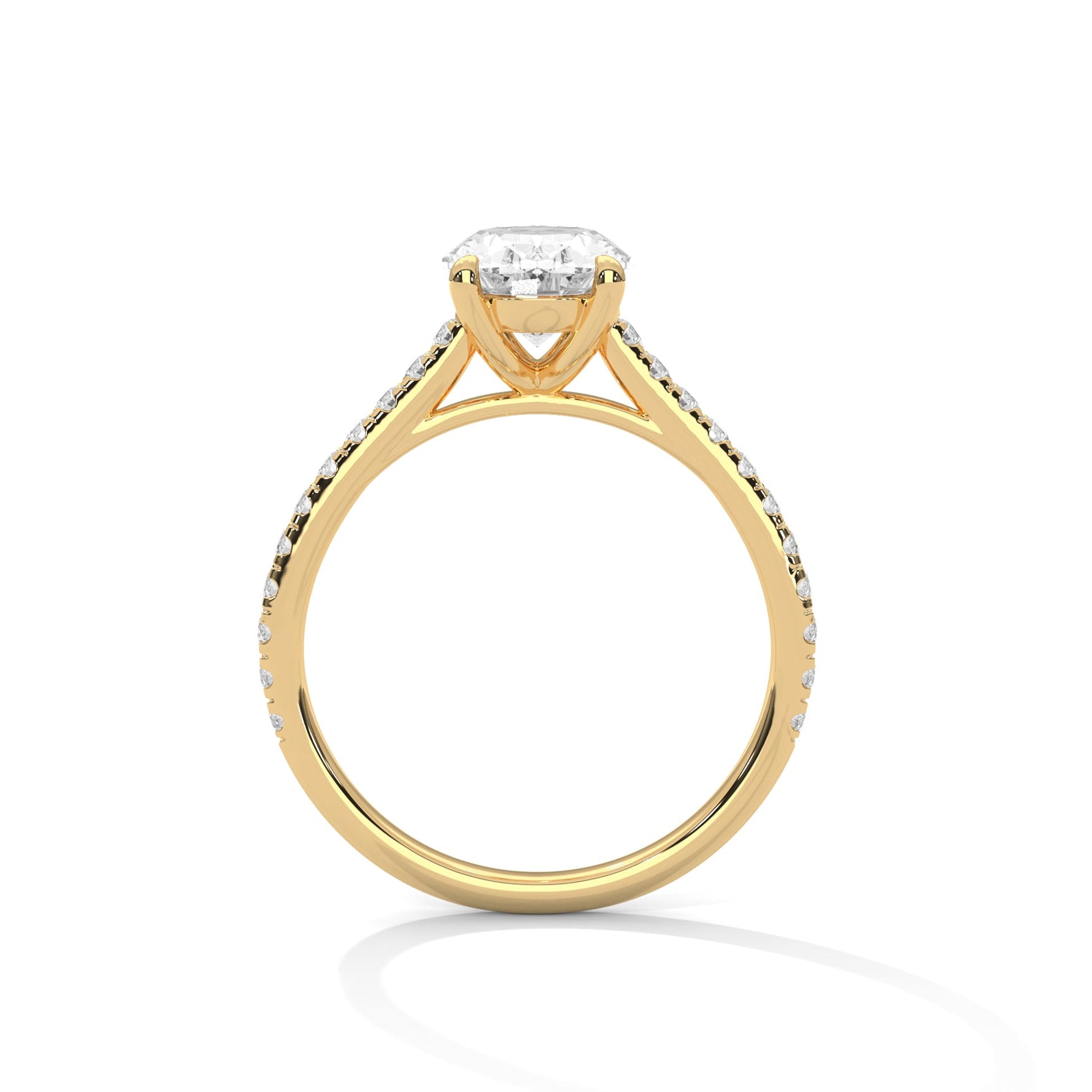 Gold ring with a large diamond on a white background 