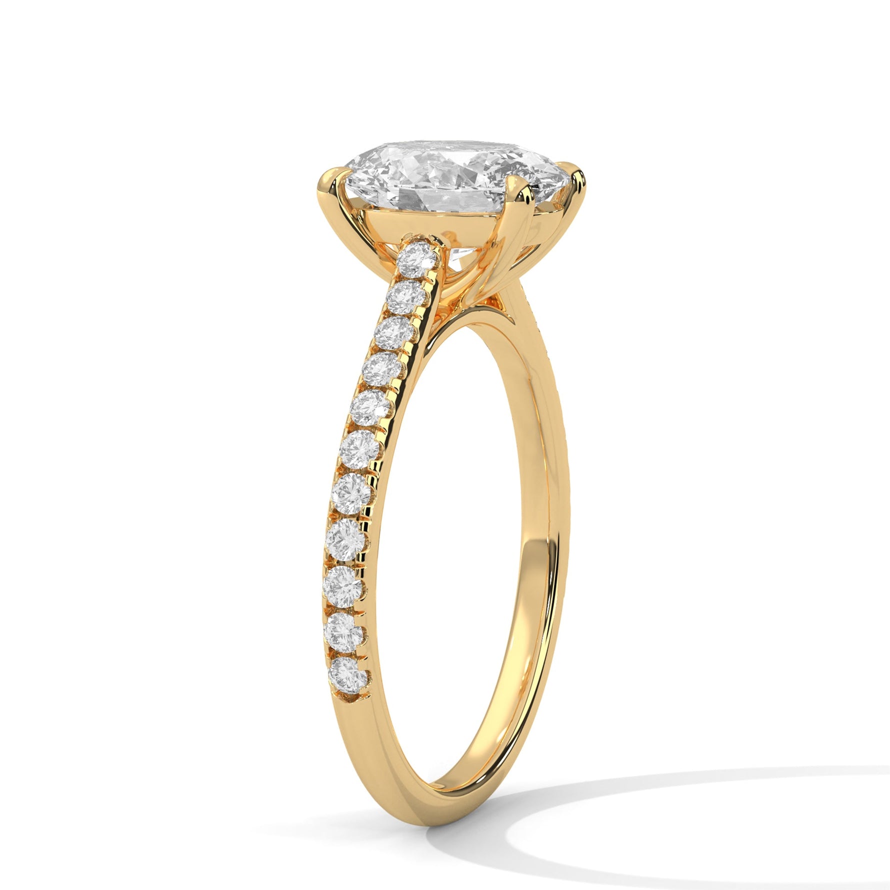 Gold ring with a large diamond on a white background 