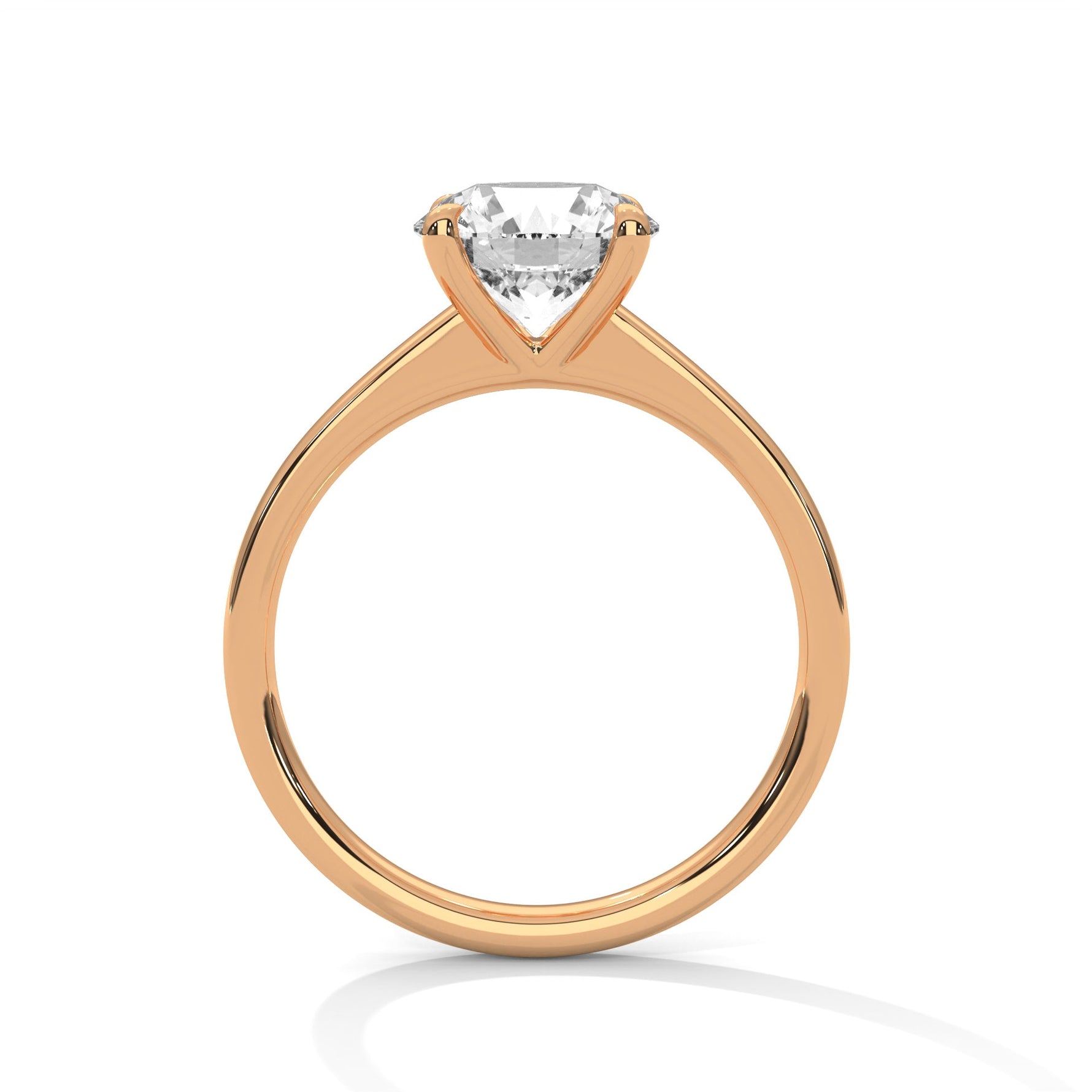 Rose gold ring with a large diamond on a white background 