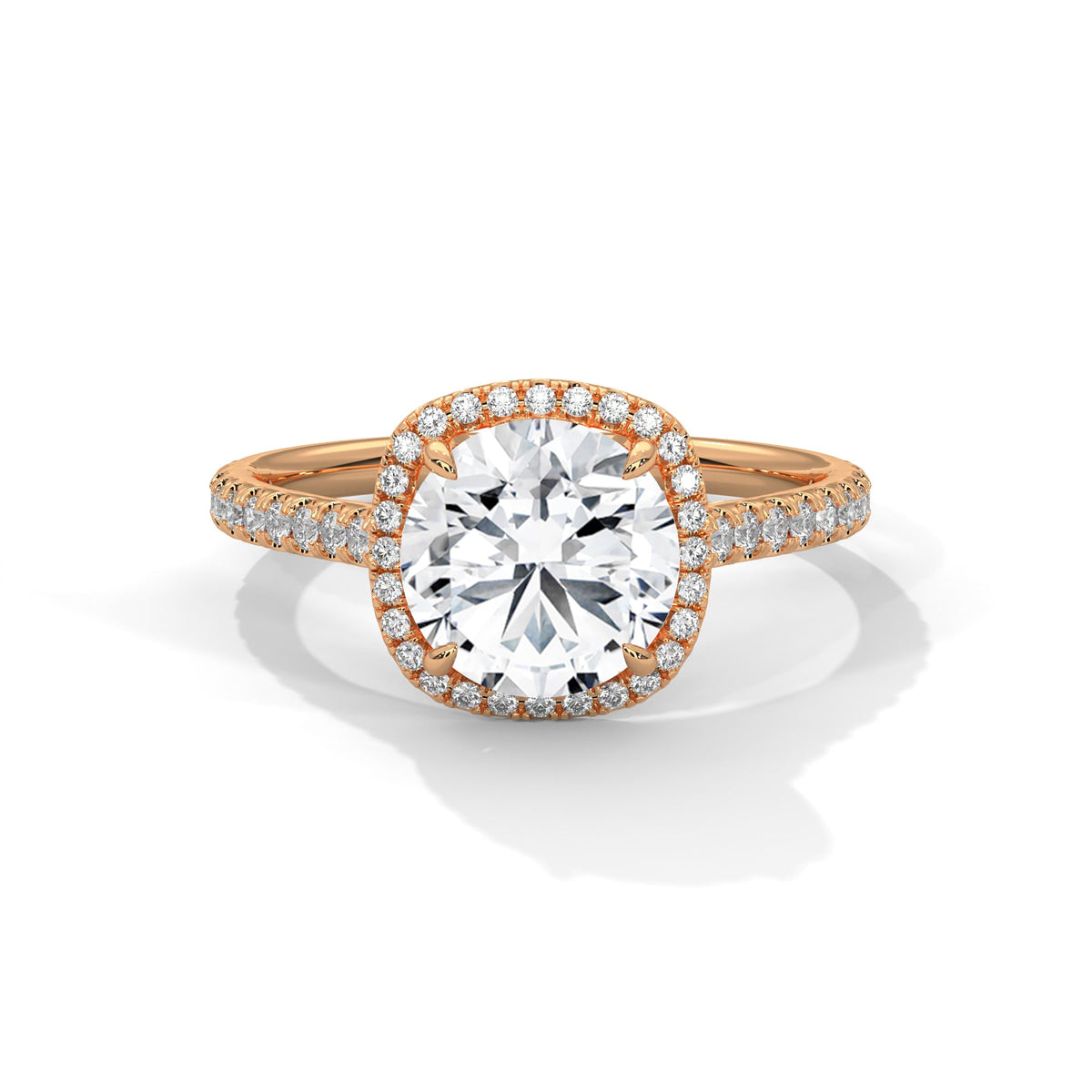 Rose gold ring with a large diamond on a white background 