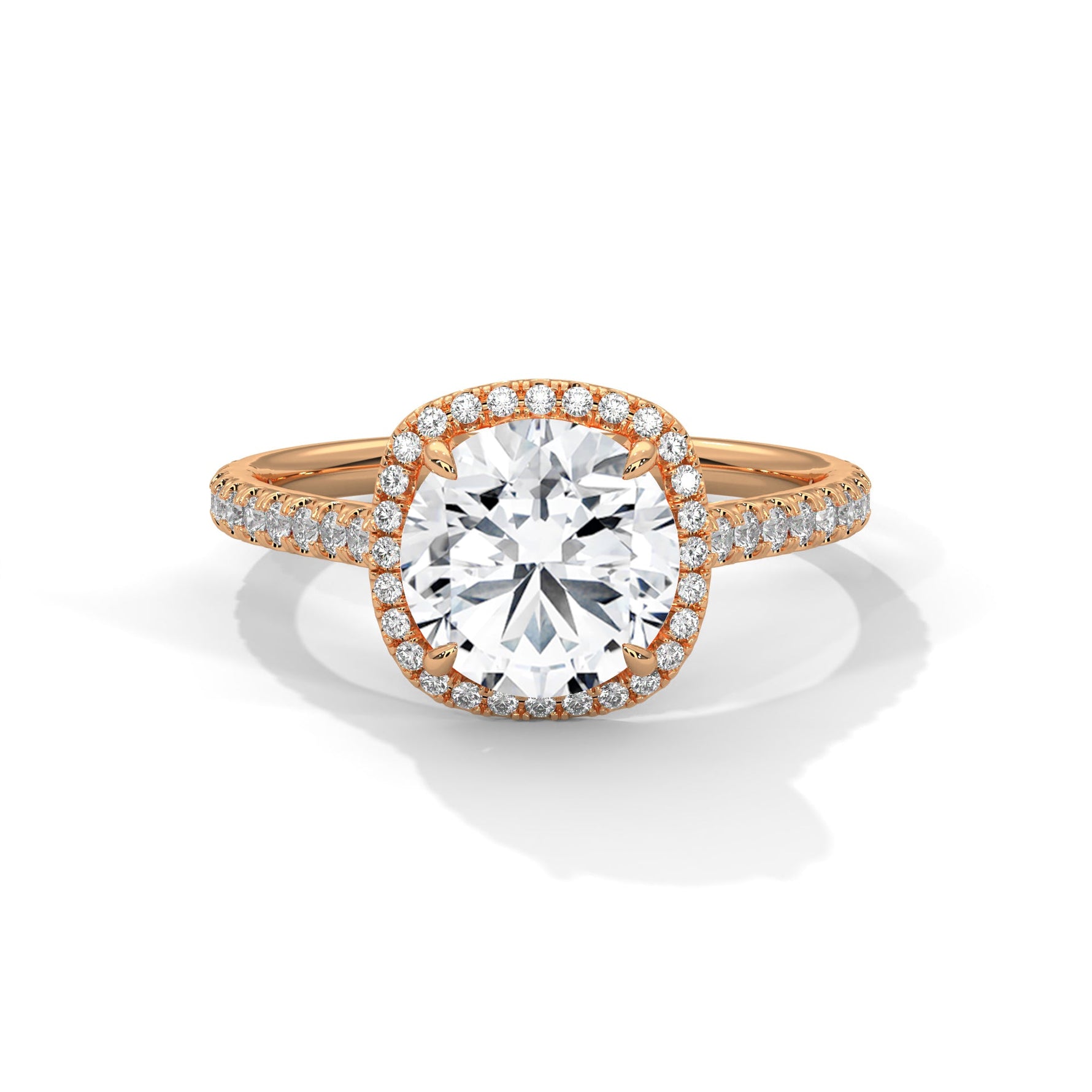 Rose gold ring with a large diamond on a white background #rose-gold