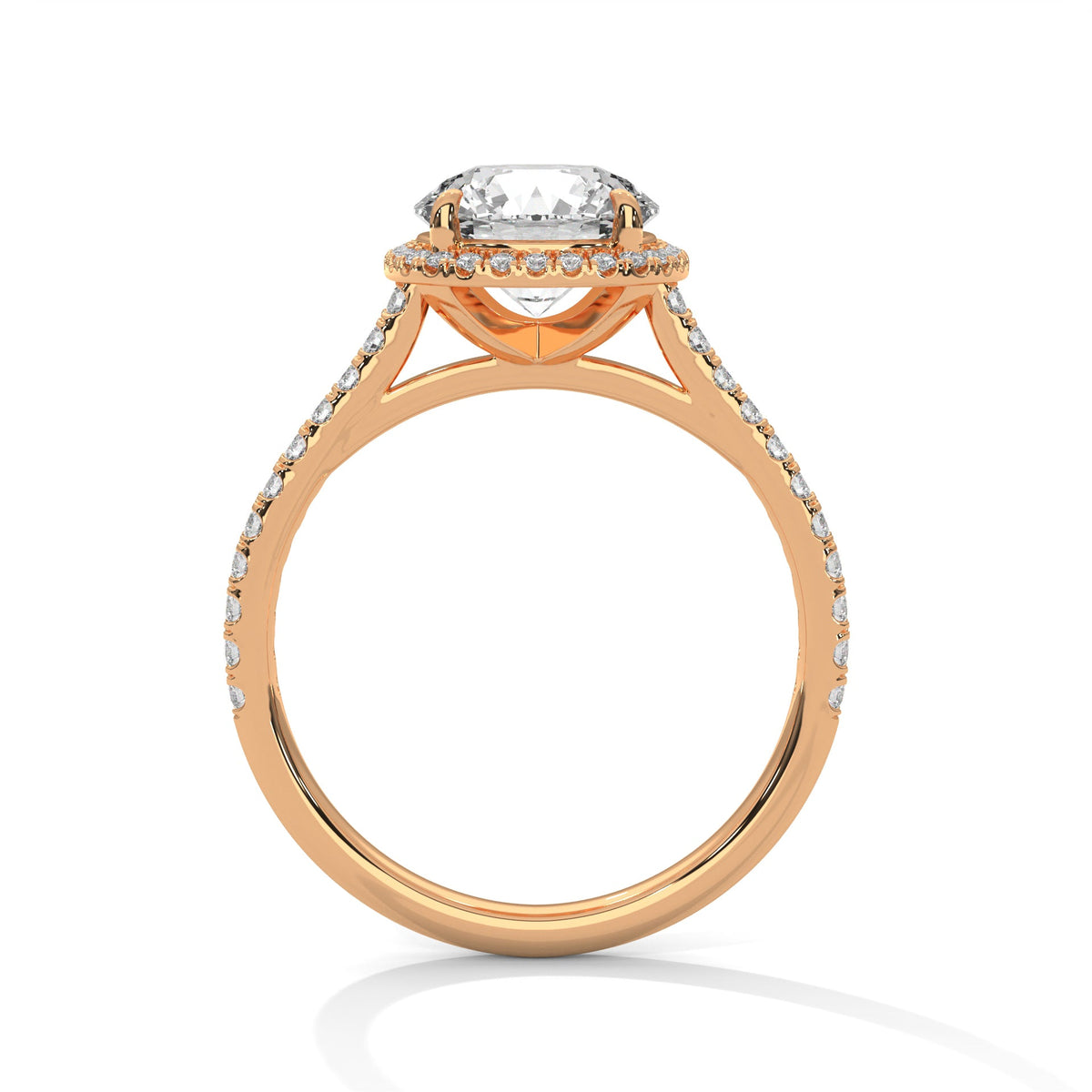 Rose gold ring with a large diamond on a white background 