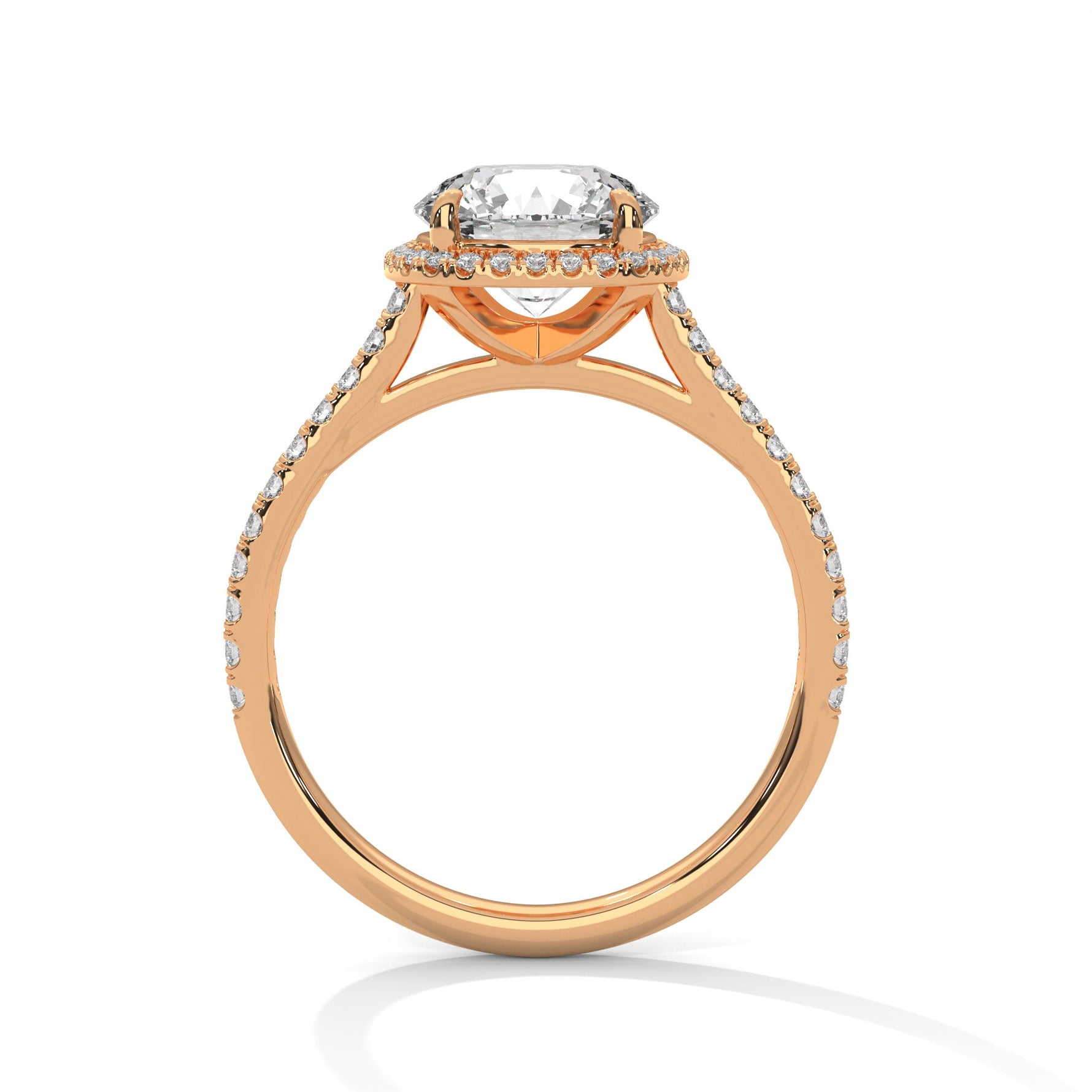 Rose gold ring with a large diamond on a white background 
