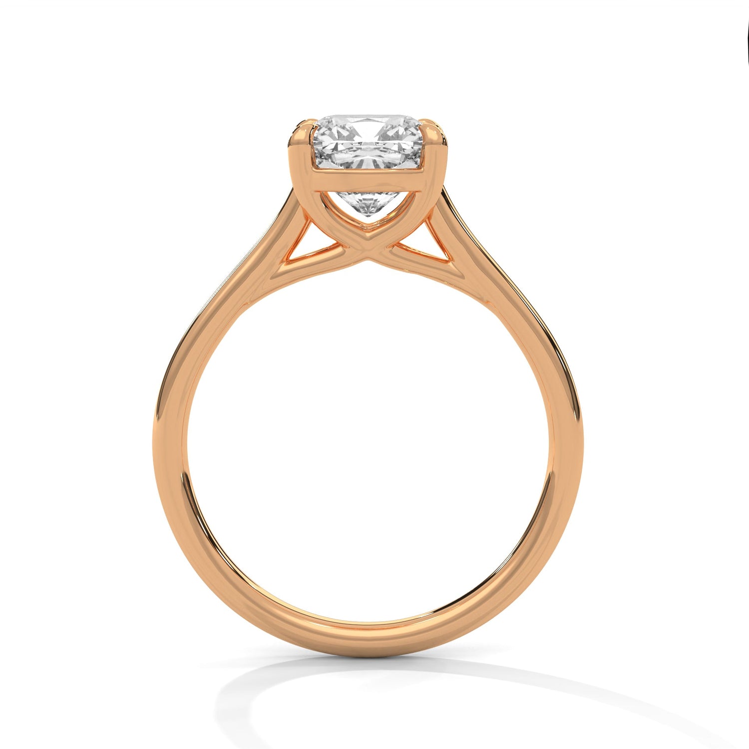 Rose gold ring with a large diamond on a white background 