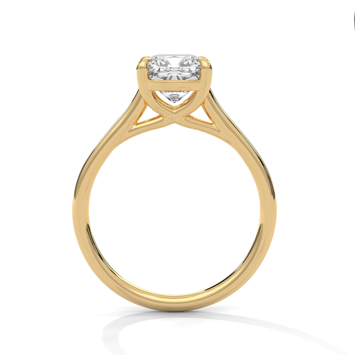 Gold ring with a large diamond on a white background 