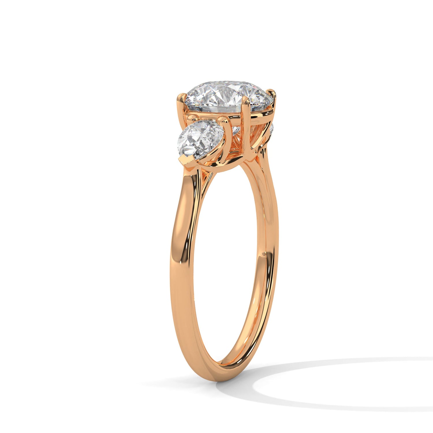 Rose gold ring with a large diamond on a white background 