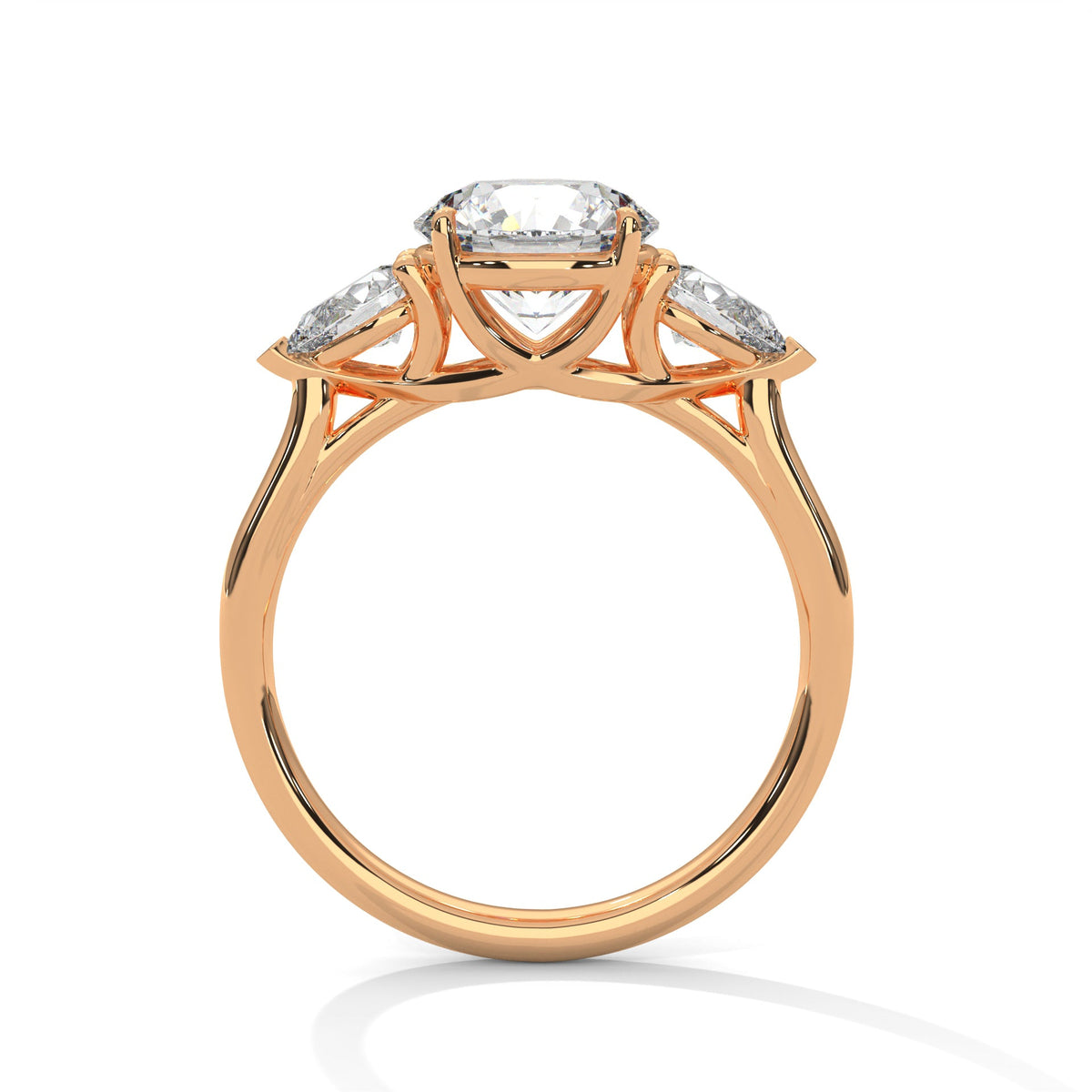 Rose gold ring with a large diamond on a white background 