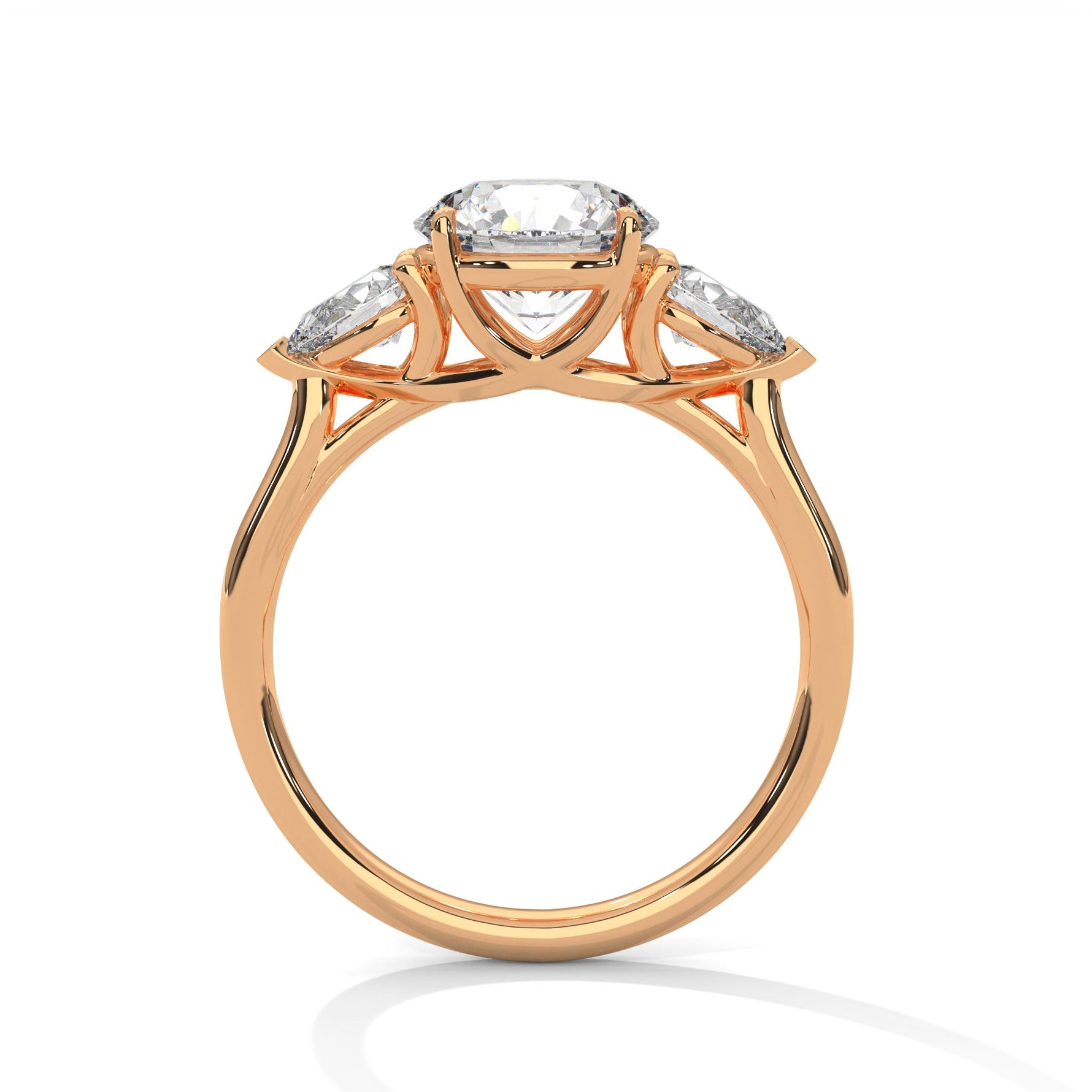 Rose gold ring with a large diamond on a white background 