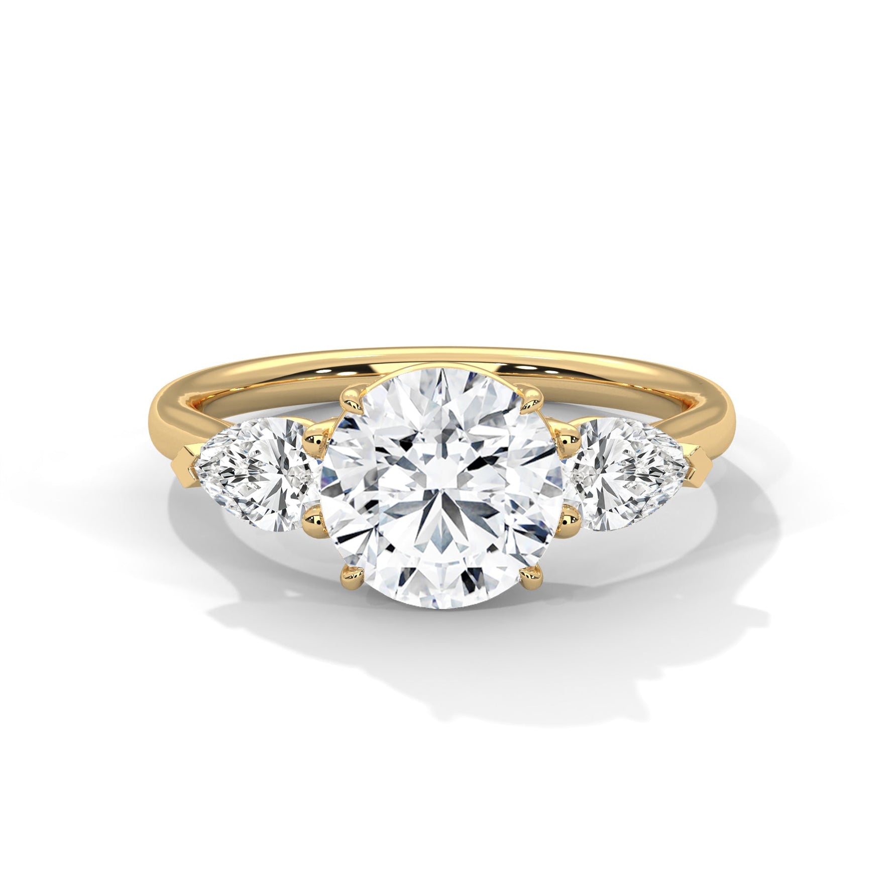 Gold ring with a large diamond on a white background 