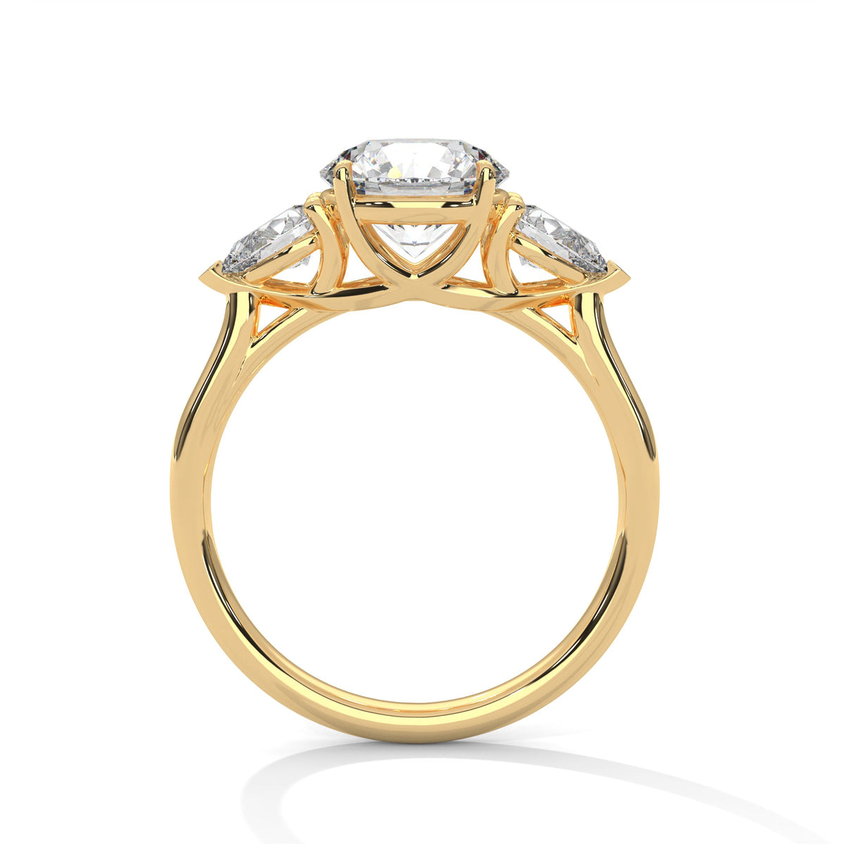 Gold ring with a large diamond on a white background 