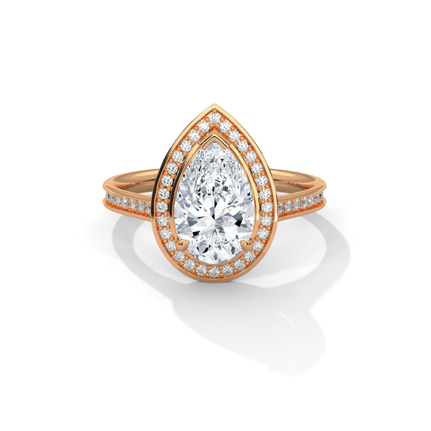 Rose gold ring with a large diamond on a white background 