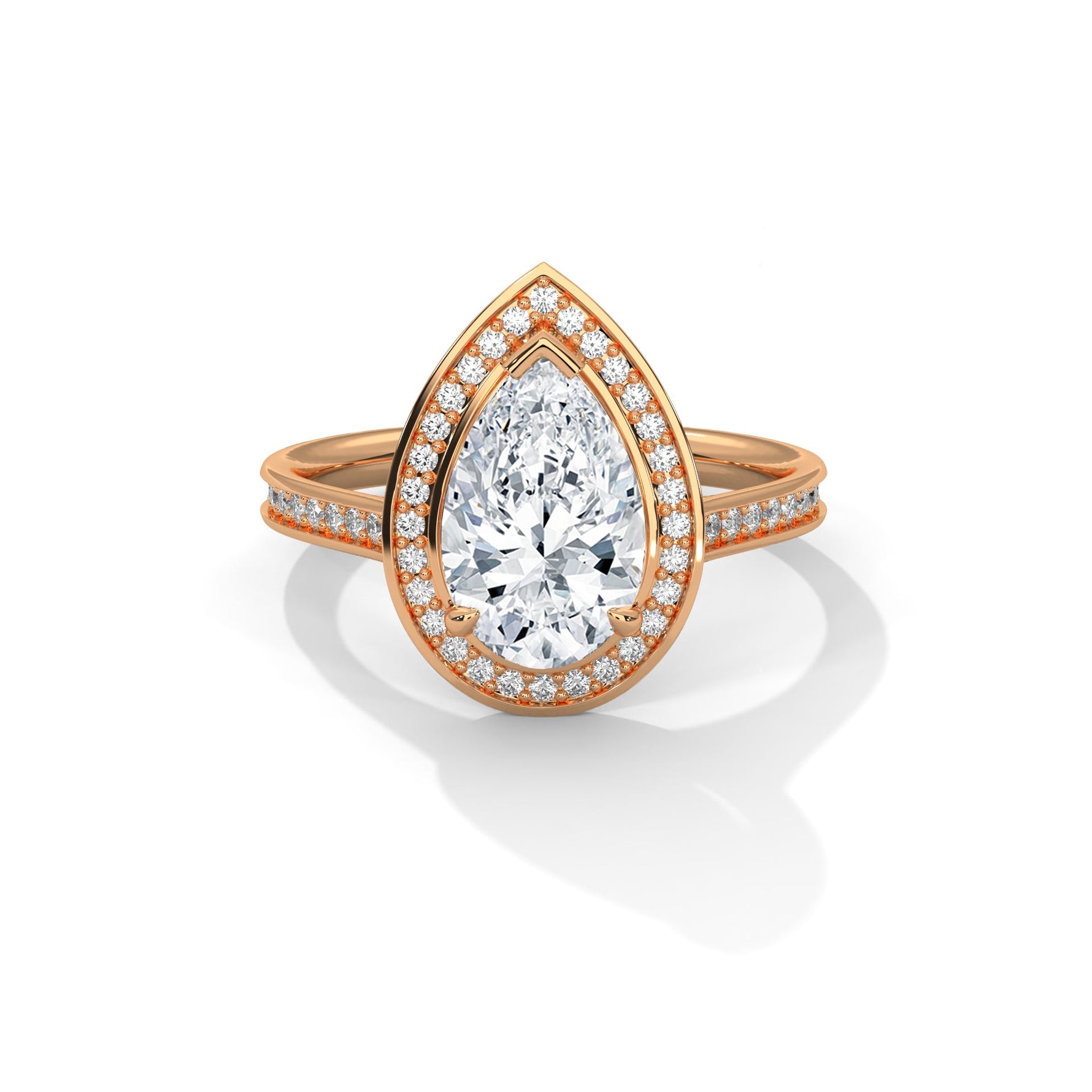 Rose gold ring with a large diamond on a white background #rose-gold