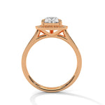 Rose gold ring with a large diamond on a white background 