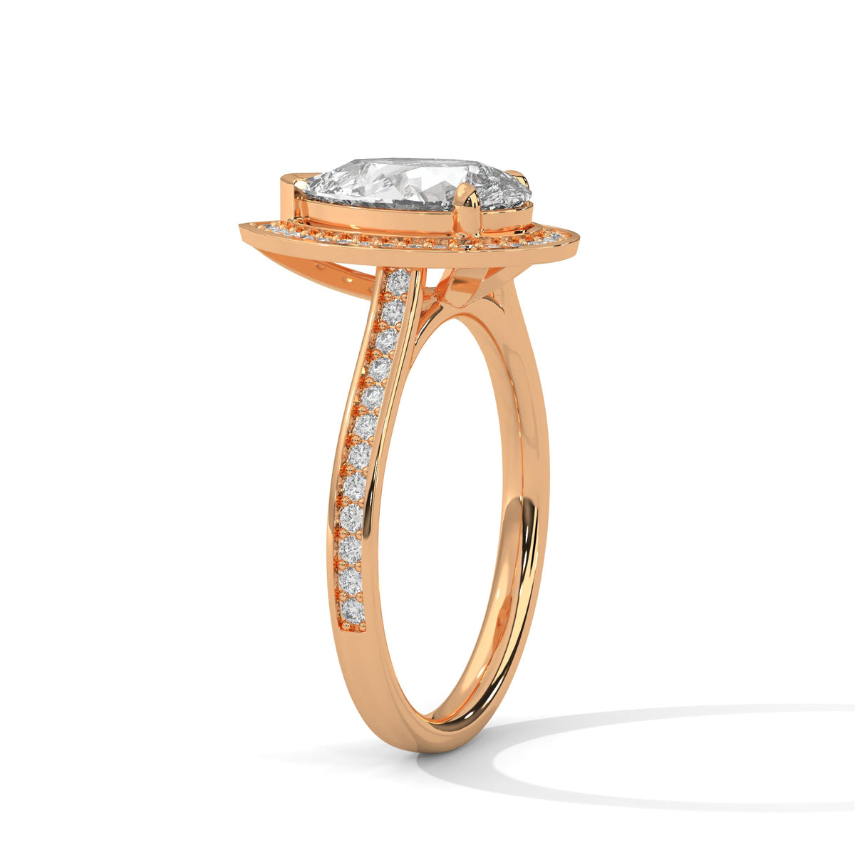 Rose gold ring with a large diamond on a white background 