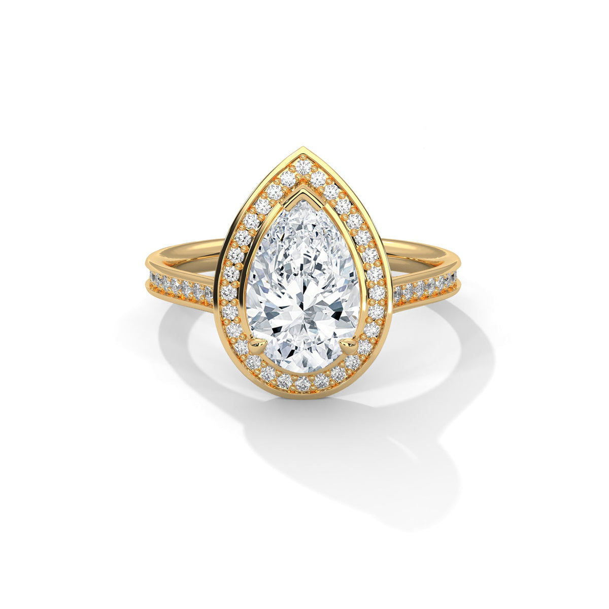 Gold ring with a large diamond on a white background 