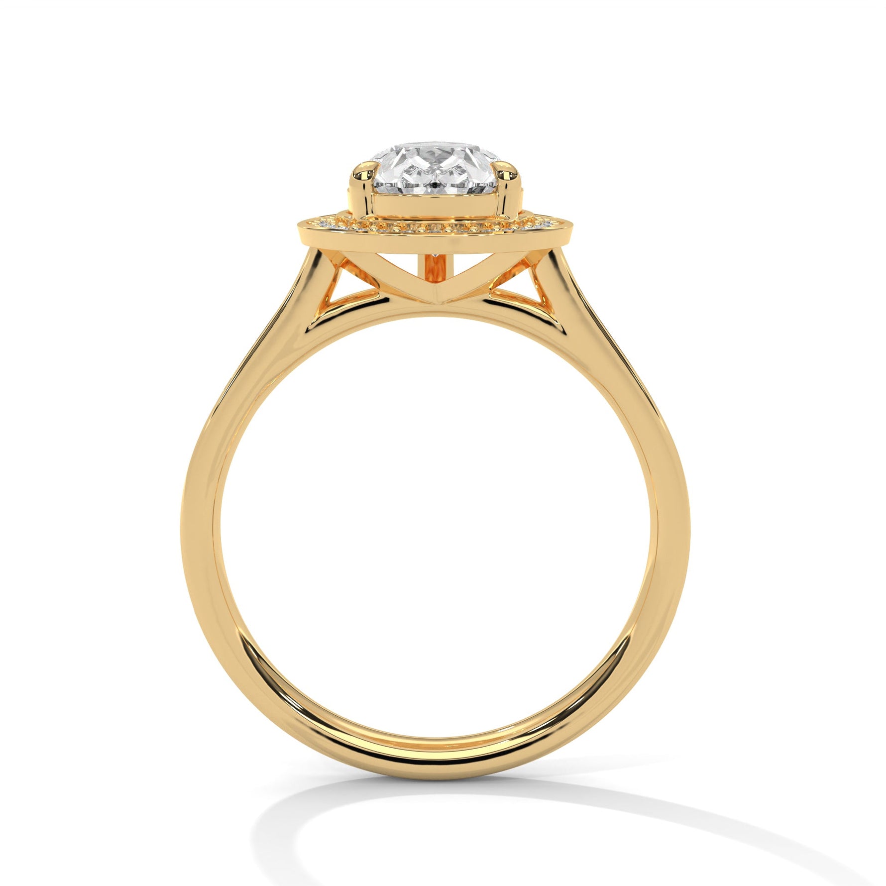 Gold ring with a large diamond on a white background 