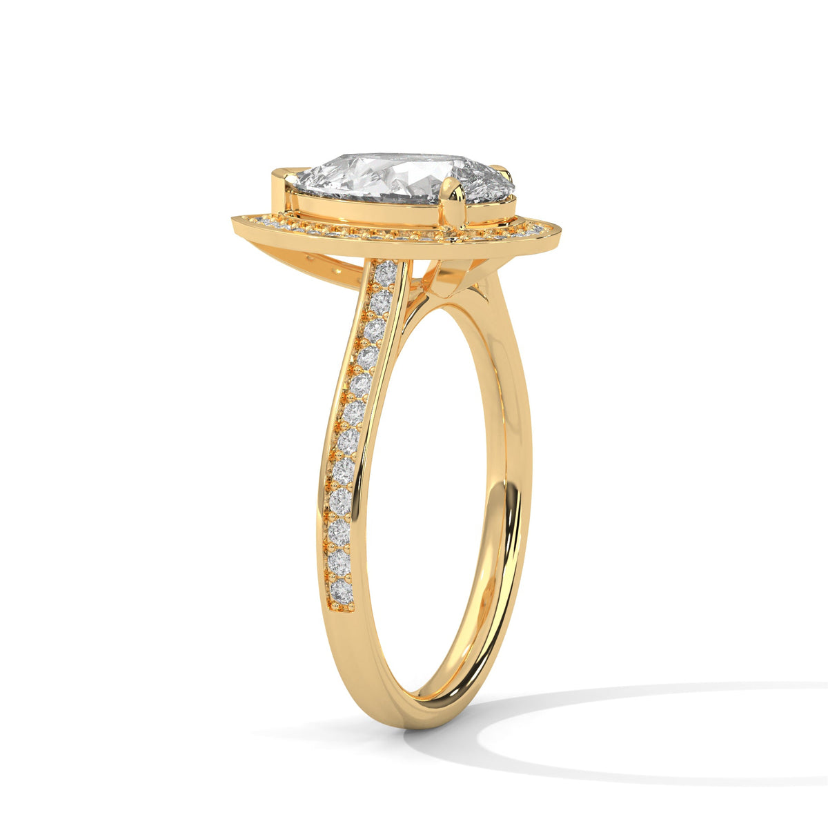 Gold ring with a large diamond on a white background 