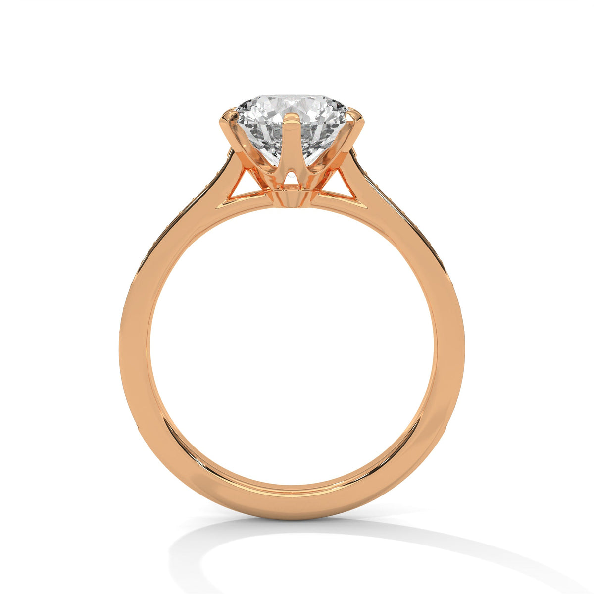 Rose gold ring with a large diamond on a white background 