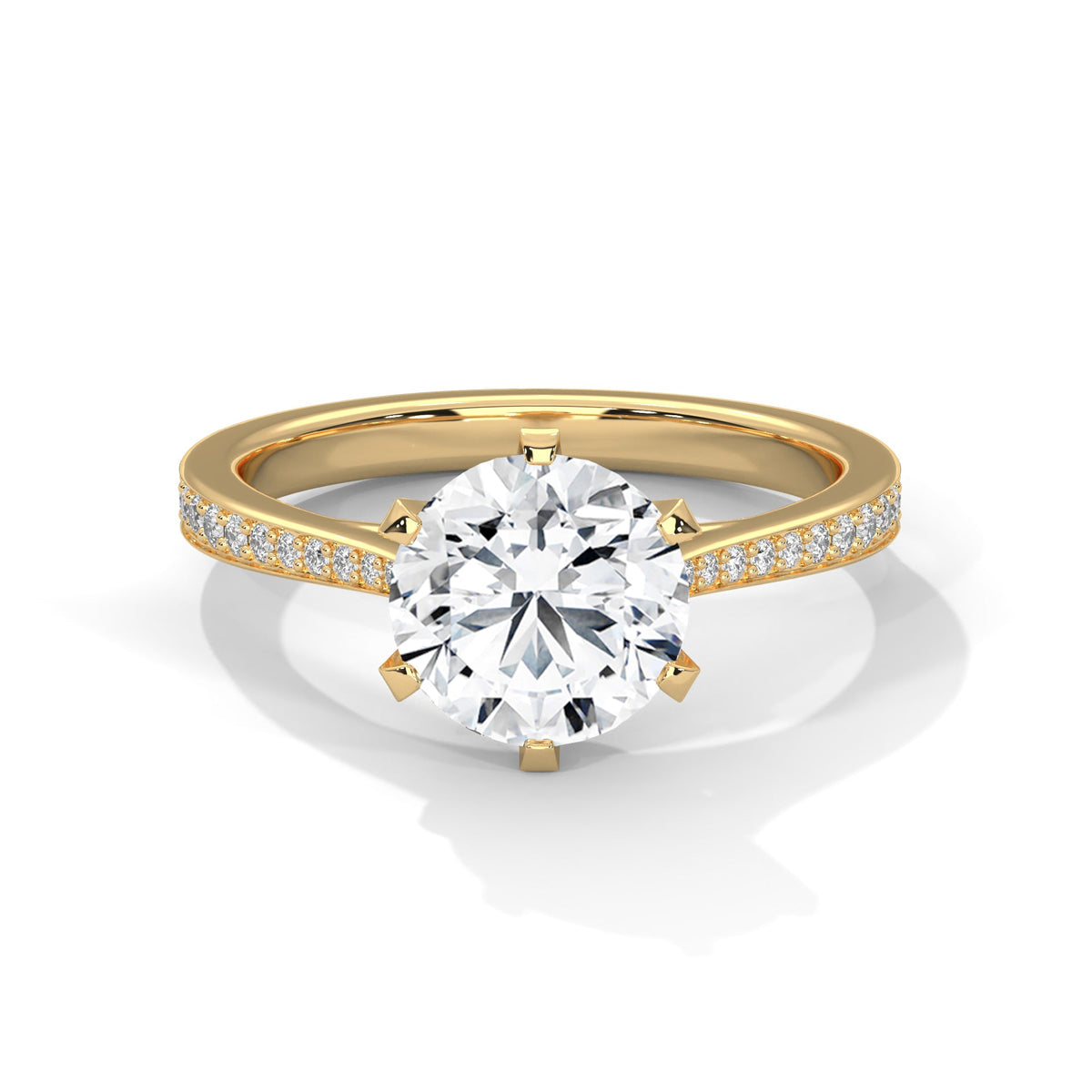 Gold ring with a large diamond on a white background 