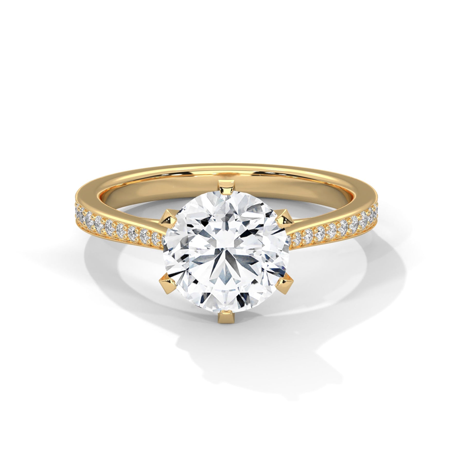 Gold ring with a large diamond on a white background 