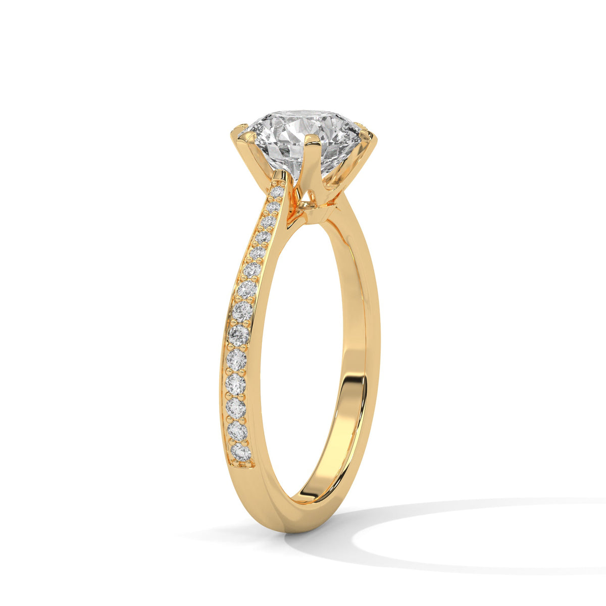 Gold ring with a large diamond on a white background 
