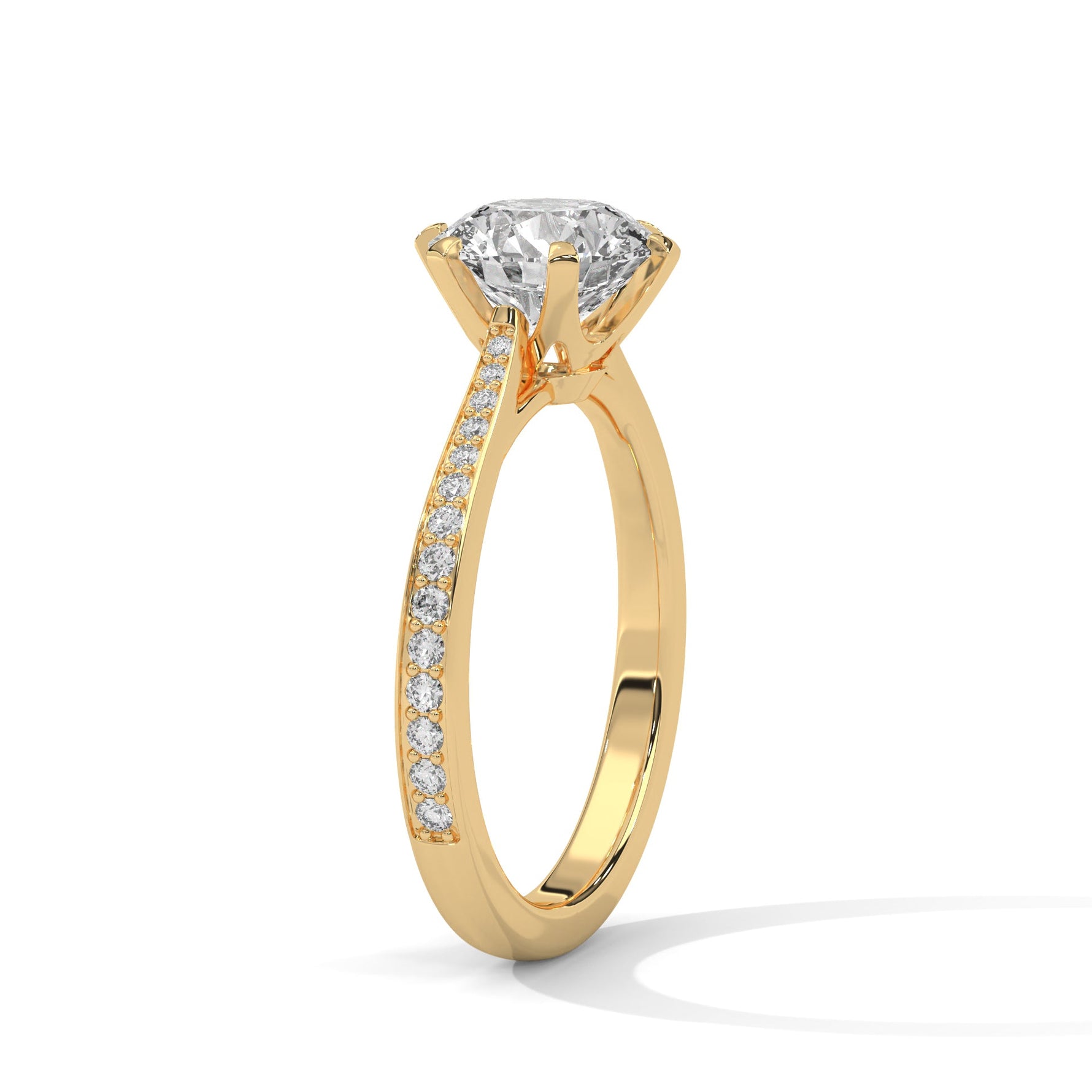 Gold ring with a large diamond on a white background 
