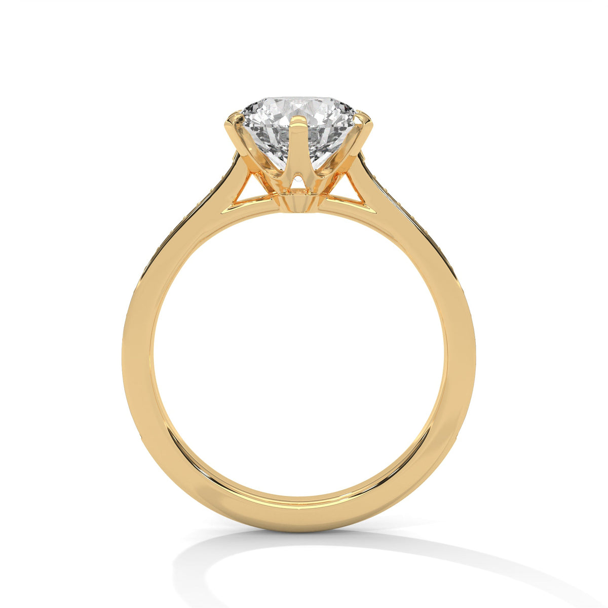 Gold ring with a large diamond on a white background 