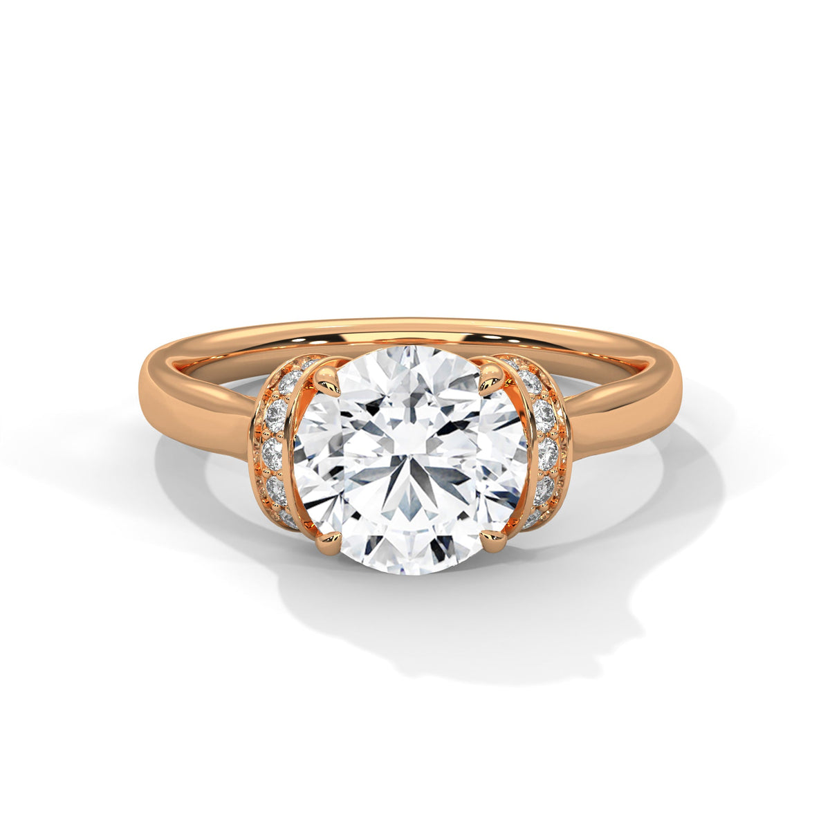 Rose gold ring with a large diamond on a white background 