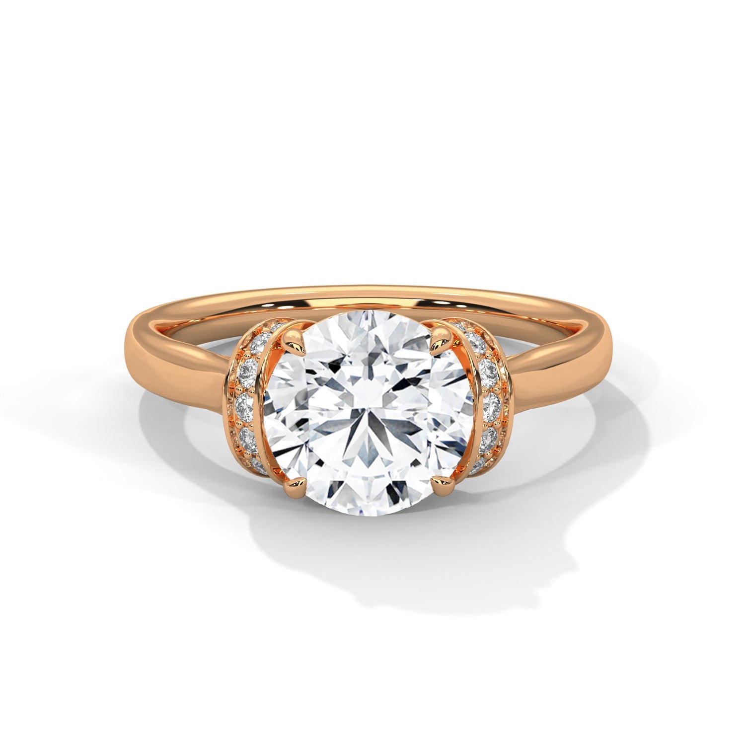 Rose gold ring with a large diamond on a white background 