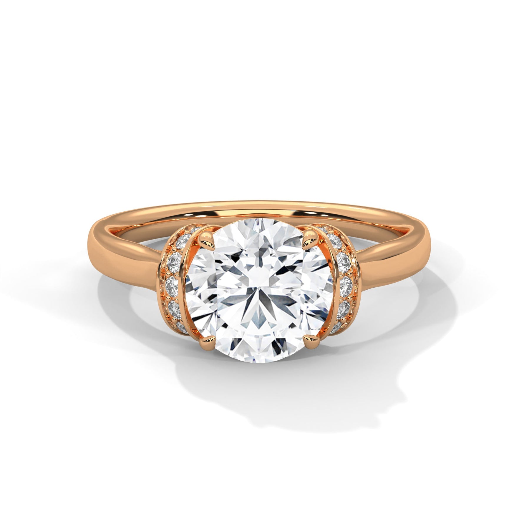 Rose gold ring with a large diamond on a white background #rose-gold