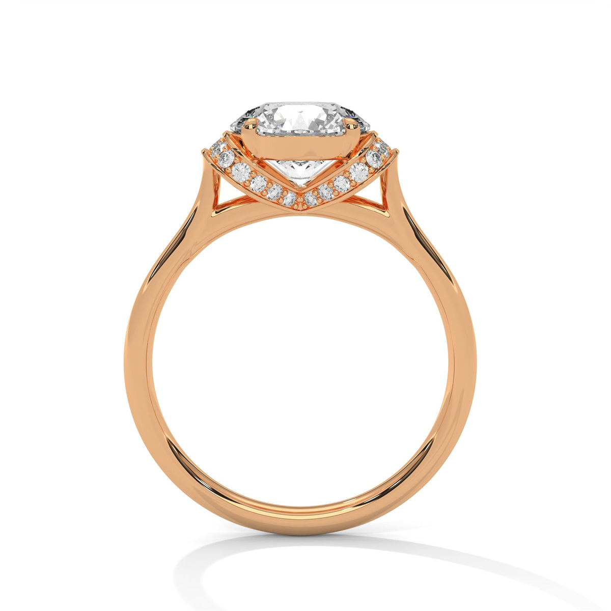 Rose gold ring with a large diamond on a white background 