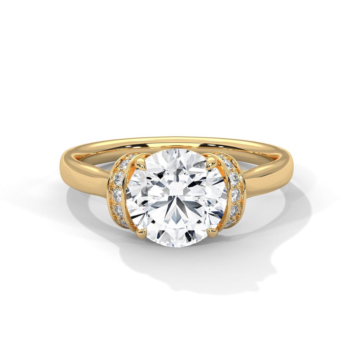 Gold ring with a large diamond on a white background 