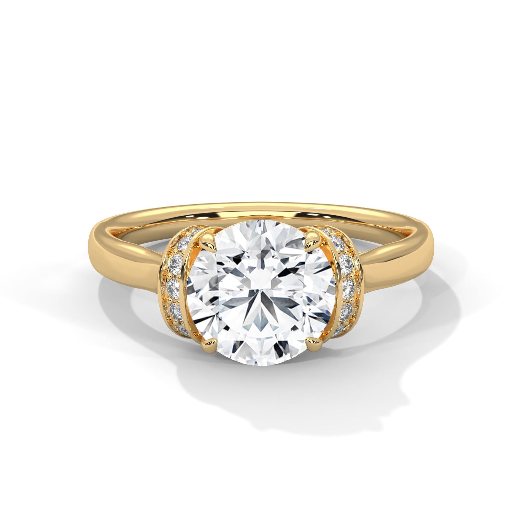 Gold ring with a large diamond on a white background 