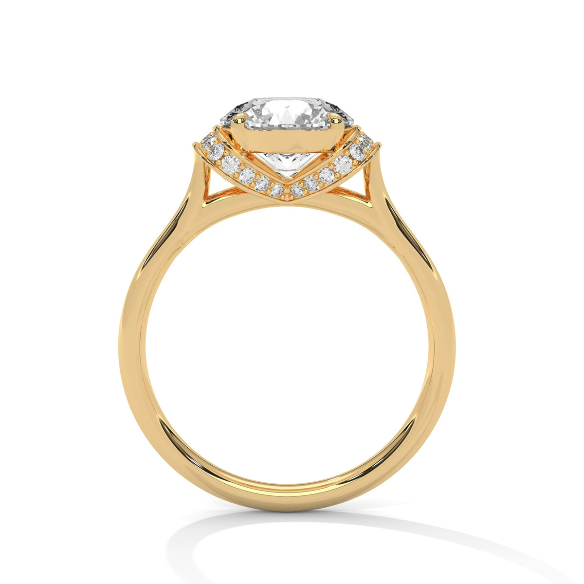 Gold ring with a large diamond on a white background 