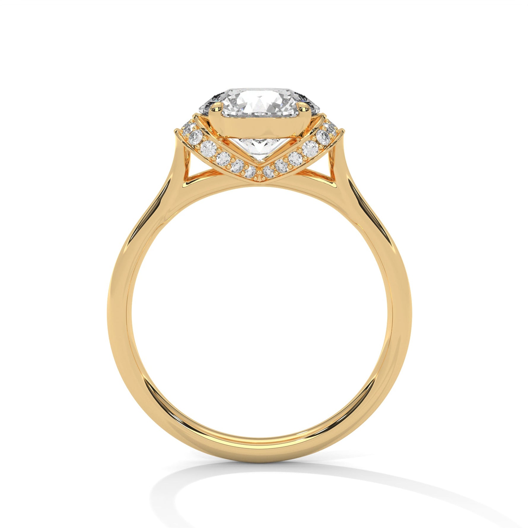 Gold ring with a large diamond on a white background 