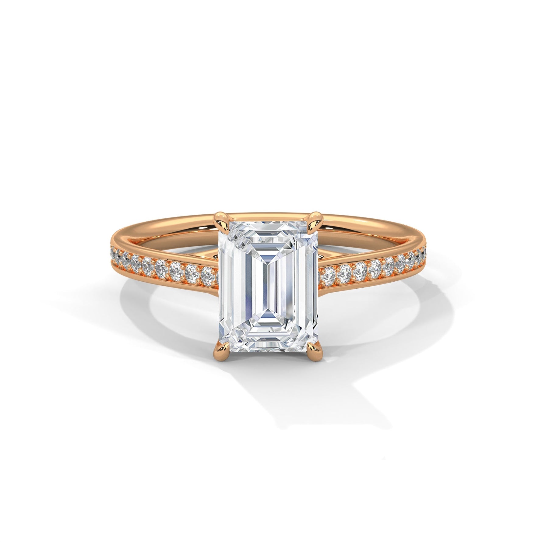 Rose gold ring with a large diamond on a white background #rose-gold