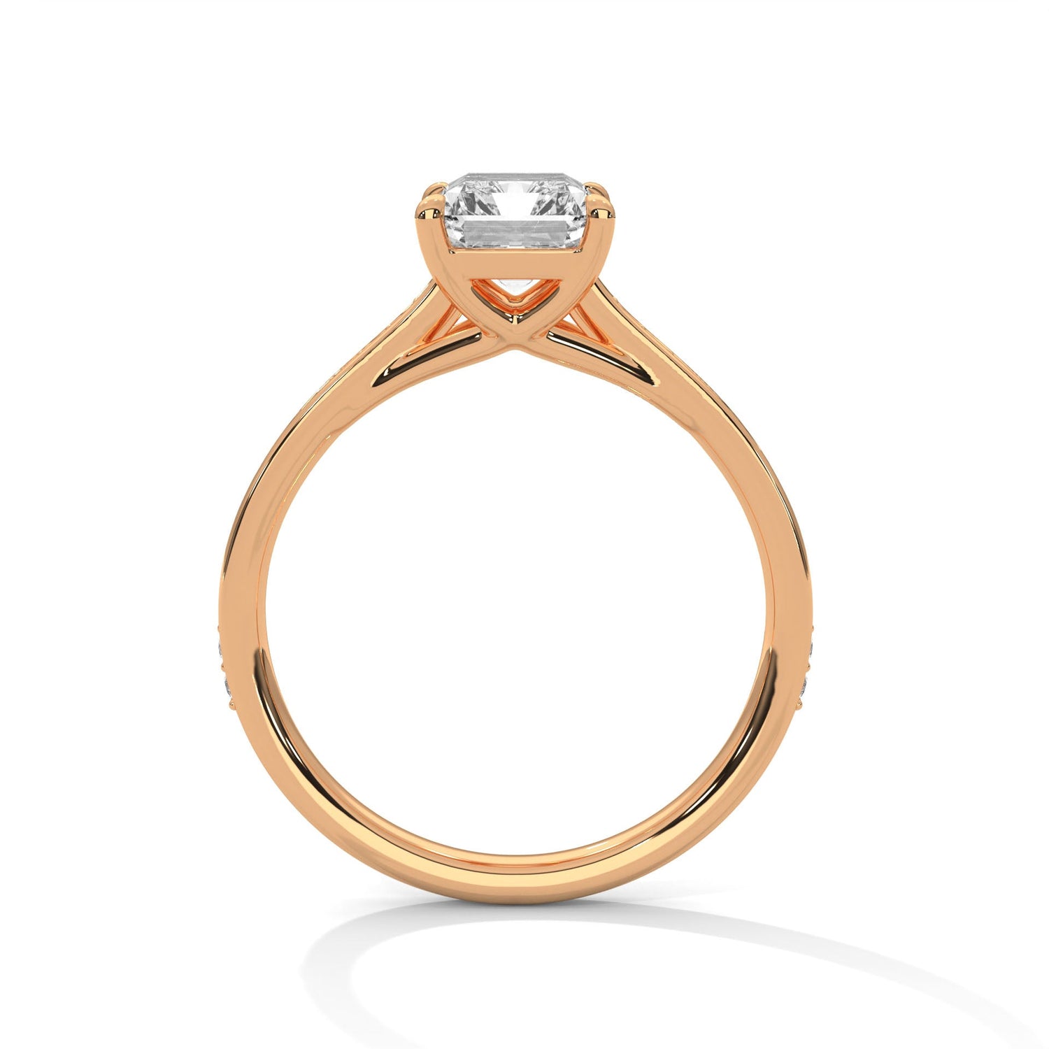 Rose gold ring with a large diamond on a white background 