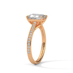 Rose gold ring with a large diamond on a white background 