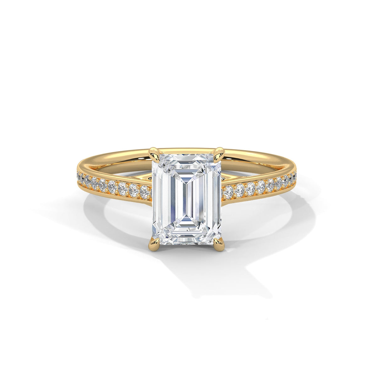 Gold ring with a large diamond on a white background 