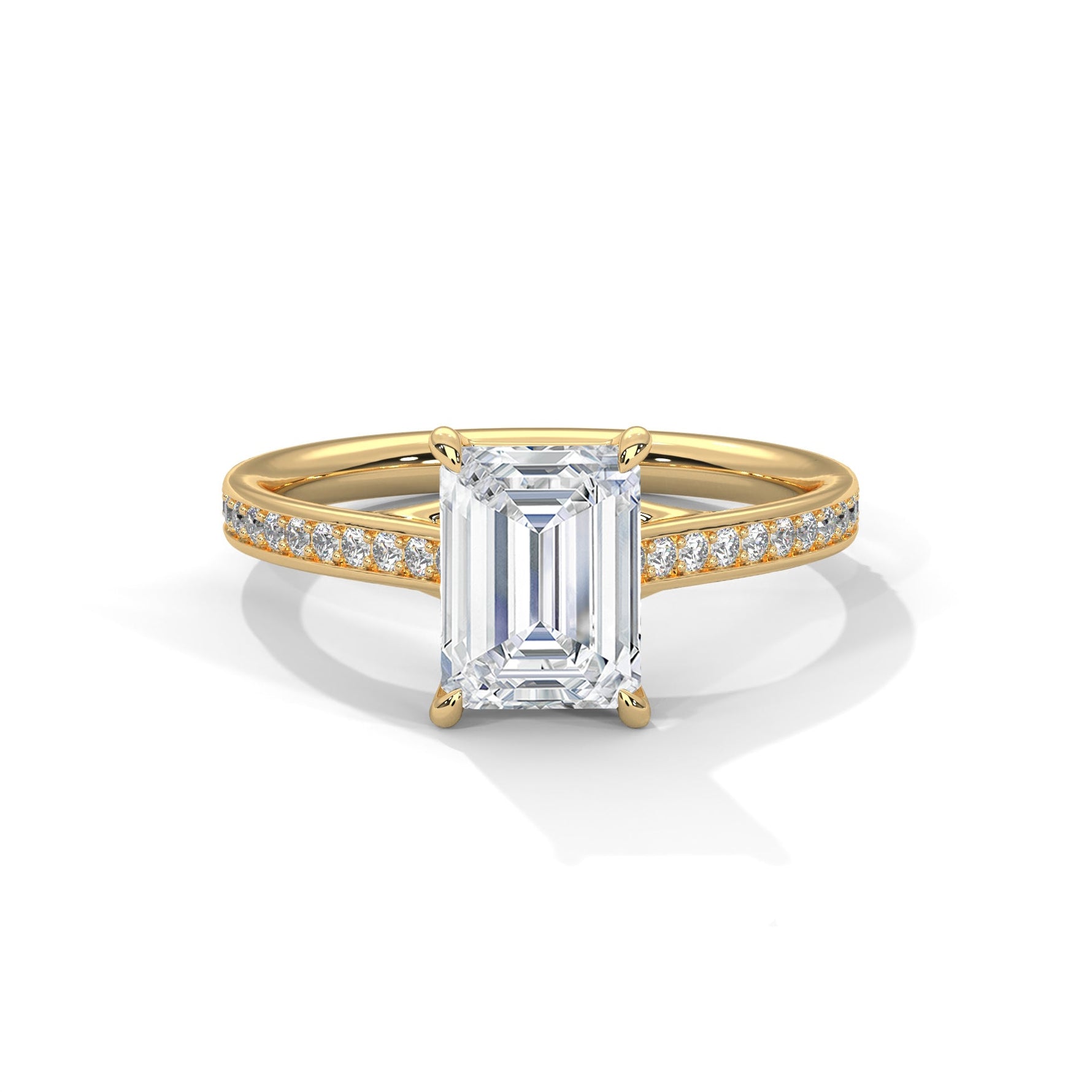 Gold ring with a large diamond on a white background 
